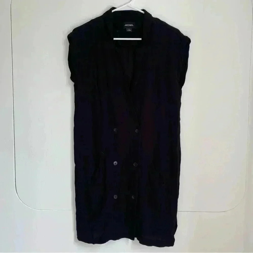 Monki Black Sleeveless Double Breasted Shirt Vest Dress with Pockets S